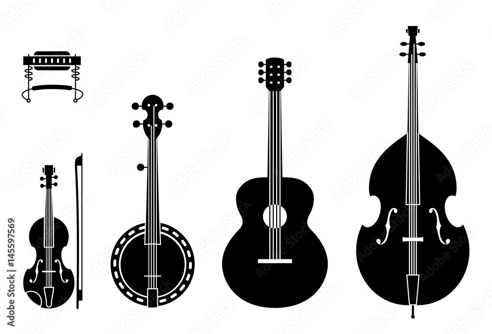 Fototapeta premium Country Music Instruments Silhouettes With Strings. Vector Illustration Of Musical Instruments Silhouettes Of A Regular, Traditional Country Music Band.