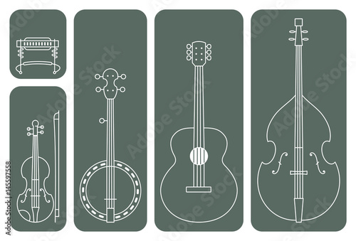 Country Music Instruments. Line Drawing Vector Illustration of Music Instruments of a regular Country Music Band.