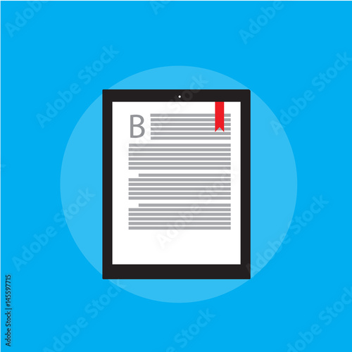 E-book reader on blue backgrond and modern education. In flat style.