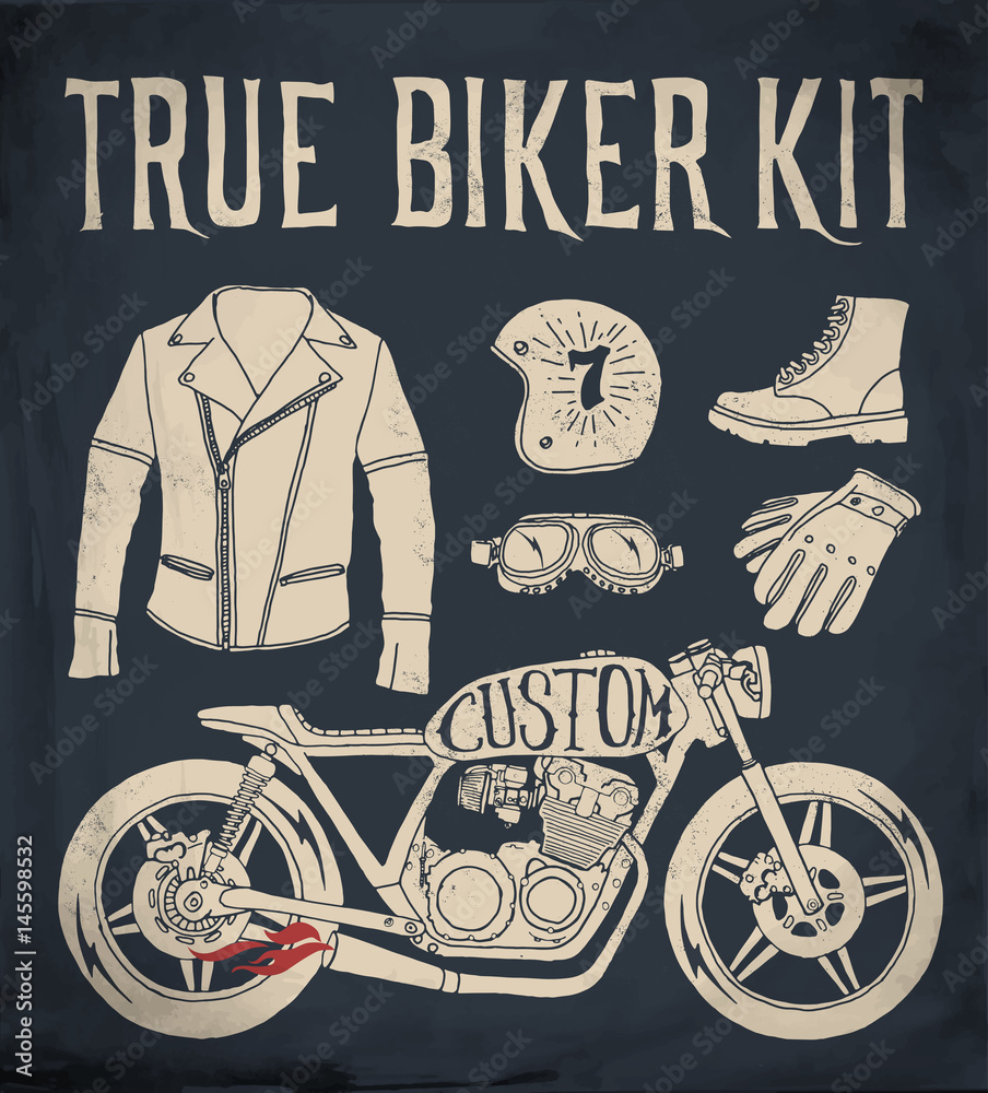 Fototapeta premium True Biker Kit. Vintage Hand Drawn Styled Vector Illustration of the biker goods.