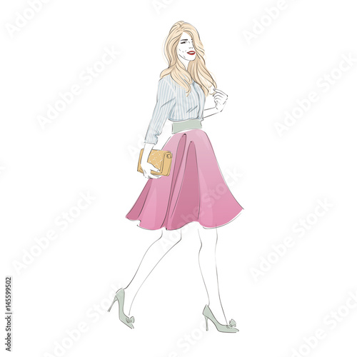 Beautiful young blonde women in a fashion retro clothes with bag on high heels. Vector hand drawn illustration.