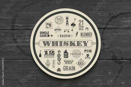Coaster for whiskey and alcoholic beverages. Vintage drawing for bar, pub and whiskey themes. Black and white circle for placing whiskey glass over it with lettering, drawings. Vector Illustration