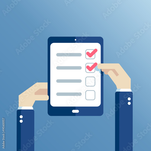 Hands holding tablet with checklist on the screen flat design. Hands of businessman mark completed items on the check list.
