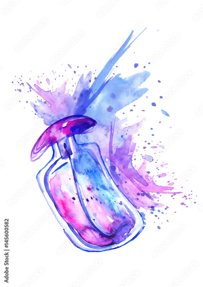 Fototapeta premium Watercolor bottle with perfume, cosmetics. Splash, spray paint, abstraction. Vintage illustration with fashion pattern on white isolated background. Blue, purple, purple. Postcard, invitation