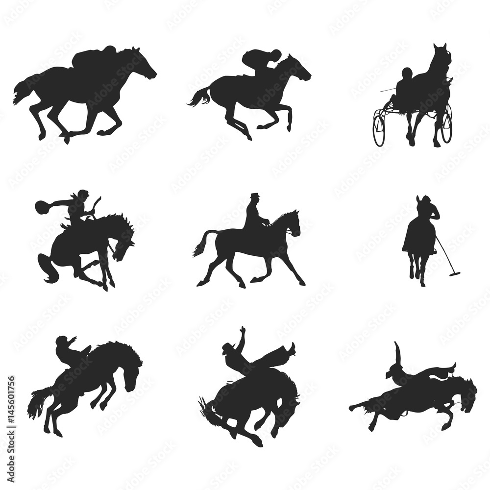 Obraz premium Vector silhouette of a rider on a horse. Black horse silhouette in motion. Vector illustration.