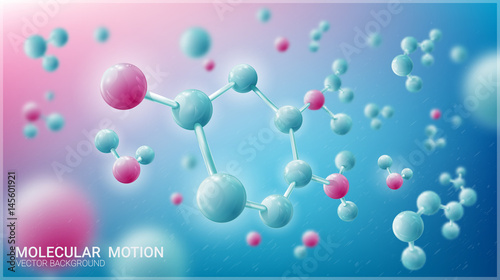 Molecules of water in motion. Blurred blue background. Chaotic particles. Vector illustration on a theme of medicine, science, technology. Screensaver for websites, a template for printing posters.