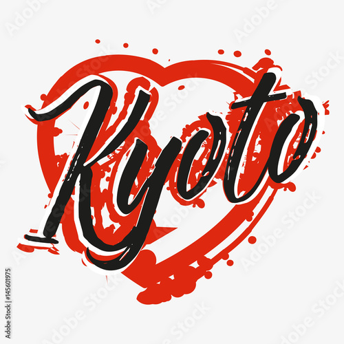 Print with lettering about Kyoto and red paint splashes in shape of heart on grey background. Pattern for fabric textiles, clothing, shirts. Vector illustration