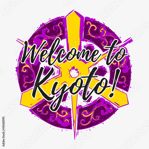 Print with lettering about Kyoto and grunge paint splashes in shape of Kyoto flag in violet yellow colors. Pattern for fabric textiles, clothing, shirts, banners. Vector illustration