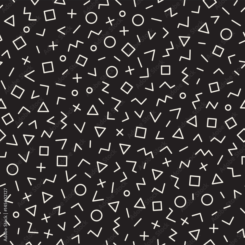 Scattered Geometric Line Shapes. Abstract Background Design. Vector Seamless Black and White Pattern. Scattered Geometric Line Shapes. Abstract Background Design. Vector Seamless Black and White Pattern.