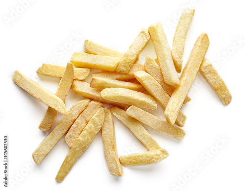 Heap of french fries isolated on white, from above