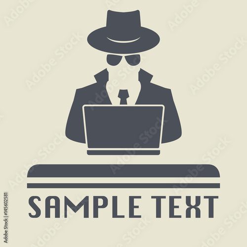 Spy agent searching on laptop. Spy icon or sign symbol