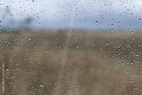 Natural landscape outside the window with rain drops on the glass.