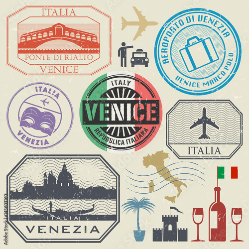 International business travel visa stamps set, Italy, Venice