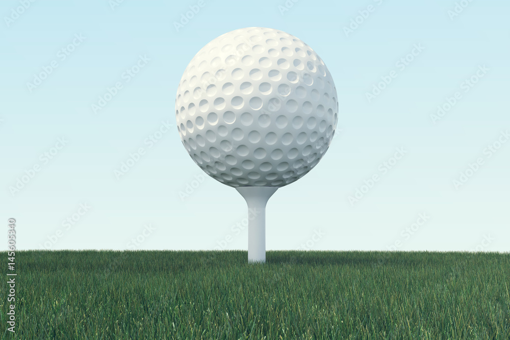 3D illustration Golf ball and ball in grass, close up view on tee ready to be shot. Golf ball on sky background. 3D illustration Golf ball and ball in grass, close up view on tee ready to be shot. Golf ball on sky background.