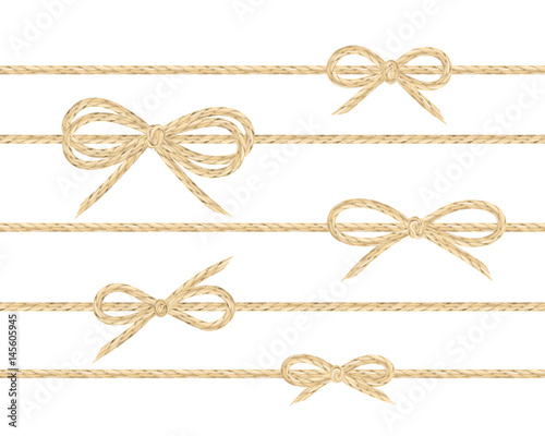 A set of realistic linen string bows. Vector illustration of different types of ribbons and linen string patterns.