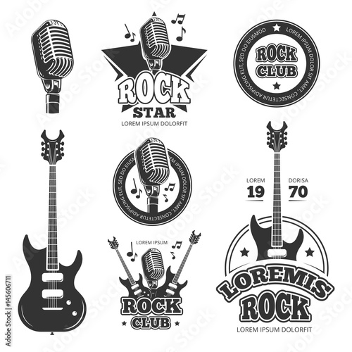 Vintage rock and roll music vector labels, emblems, badges, sticker with guitar and speaker silhouettes