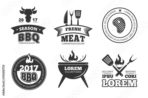 Barbecue, grill, bbq steak house restaurant vintage vector labels, badges, logos and emblems