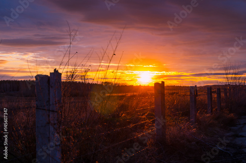 Fence with barbed wire on the background of the bright sunset