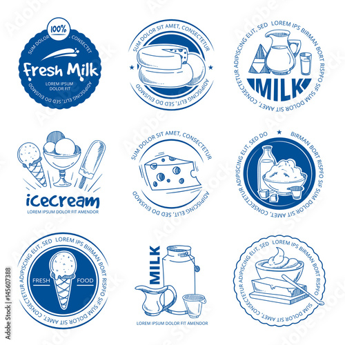 Natural dairy products, farm fresh milk vector hand drawn labels and logos