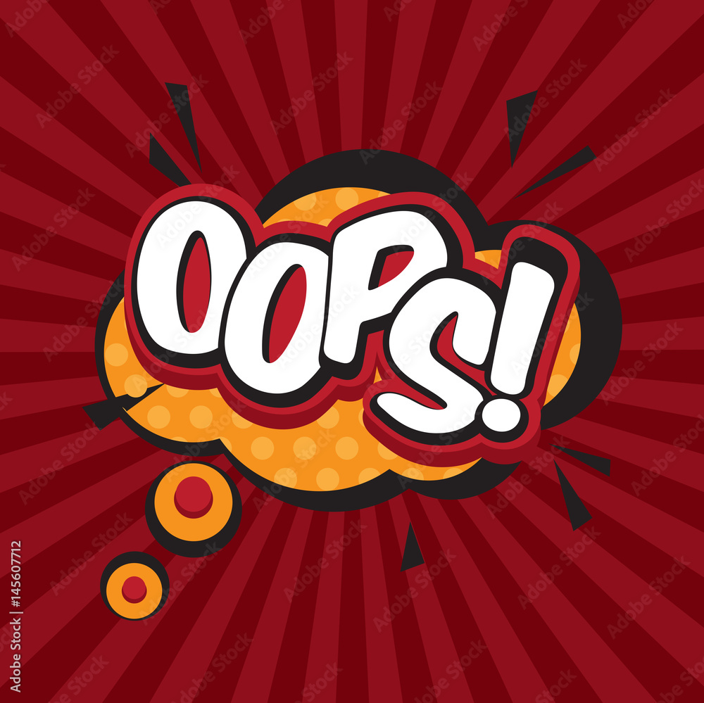 Oops comic inscription, text, speech bubble burst, word in the cloud. Visual explosion effect, vector illustration for comics Oops comic inscription, text, speech bubble burst, word in the cloud. Visual explosion effect, vector illustration for comics