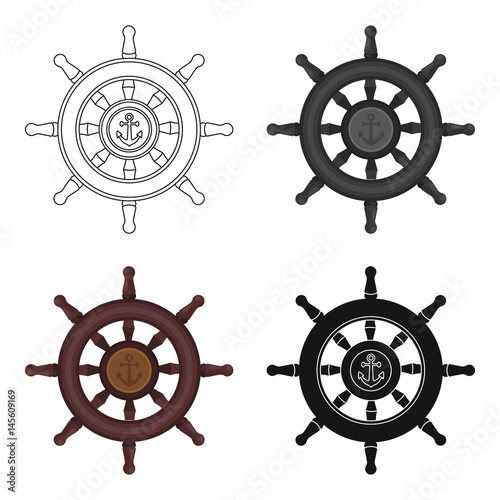 Wooden ship steering wheel icon in cartoon style isolated on white background. Pirates symbol stock vector illustration.
