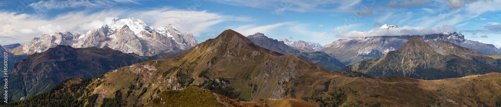 view from Passo Giau to Sella gruppe and Marmolada