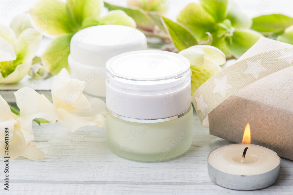 Cosmetic products on white wooden background Cosmetic products on white wooden background