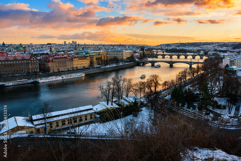 Cityscape in Prague with view on river Elbe, Czech