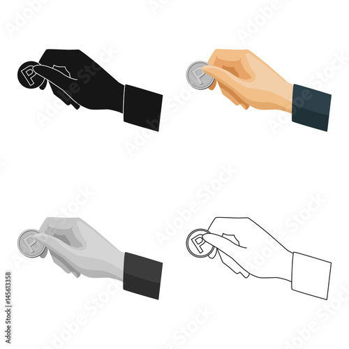 Hand holding coin for parking meter icon in cartoon style isolated on white background. Parking zone symbol stock vector illustration.