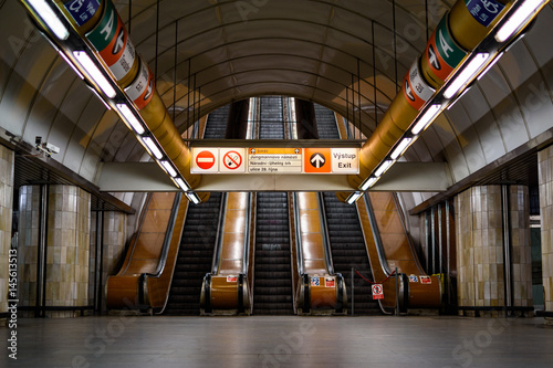 Photography Metro station in Prague with view on escalators, Czech
