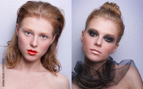 portrait of same girl with two differen makeup