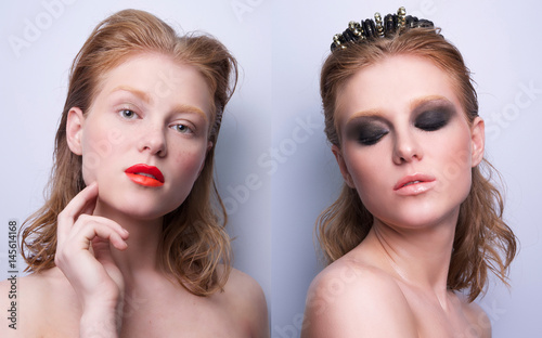 portrait of same girl with two differen makeup