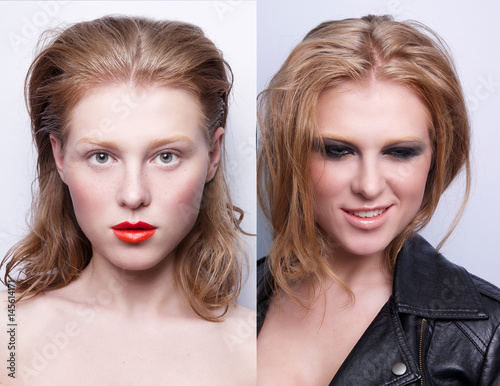 portrait of same girl with two differen makeup