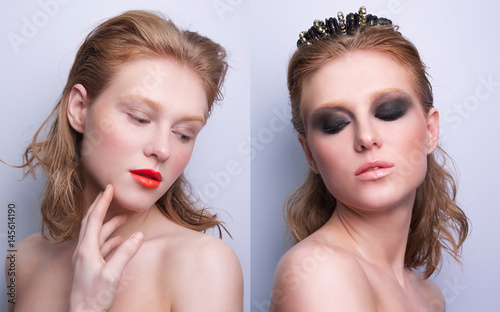 portrait of same girl with two differen makeup