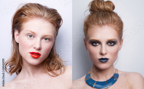 portrait of same girl with two differen makeup