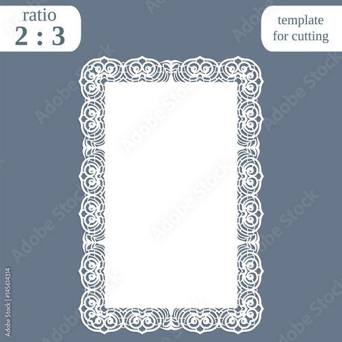Greeting card with openwork border,  rectangular paper doily, template for cutting, wedding invitation, decorative plate is laser cut, vector illustrations.