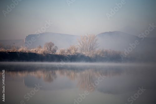 Morning on the river early morning fog