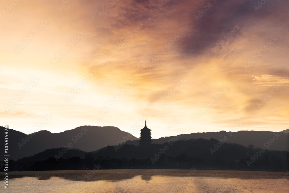 West Lake landscape at sunset in Hangzhou