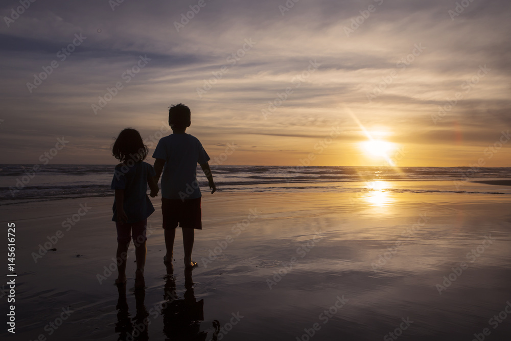 Two children standing at coast