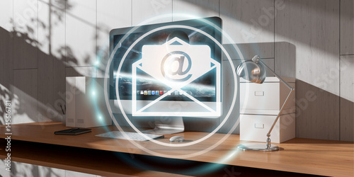 White and blue email flying over desktop 3D rendering