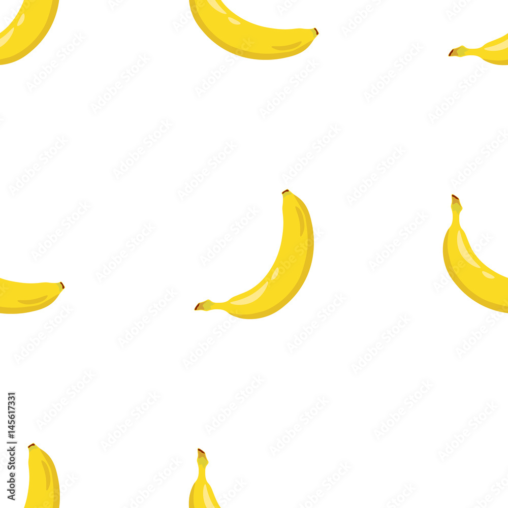 Yellow banana seamless pattern. Sweet tropical fruit. White background. Vector illustration.