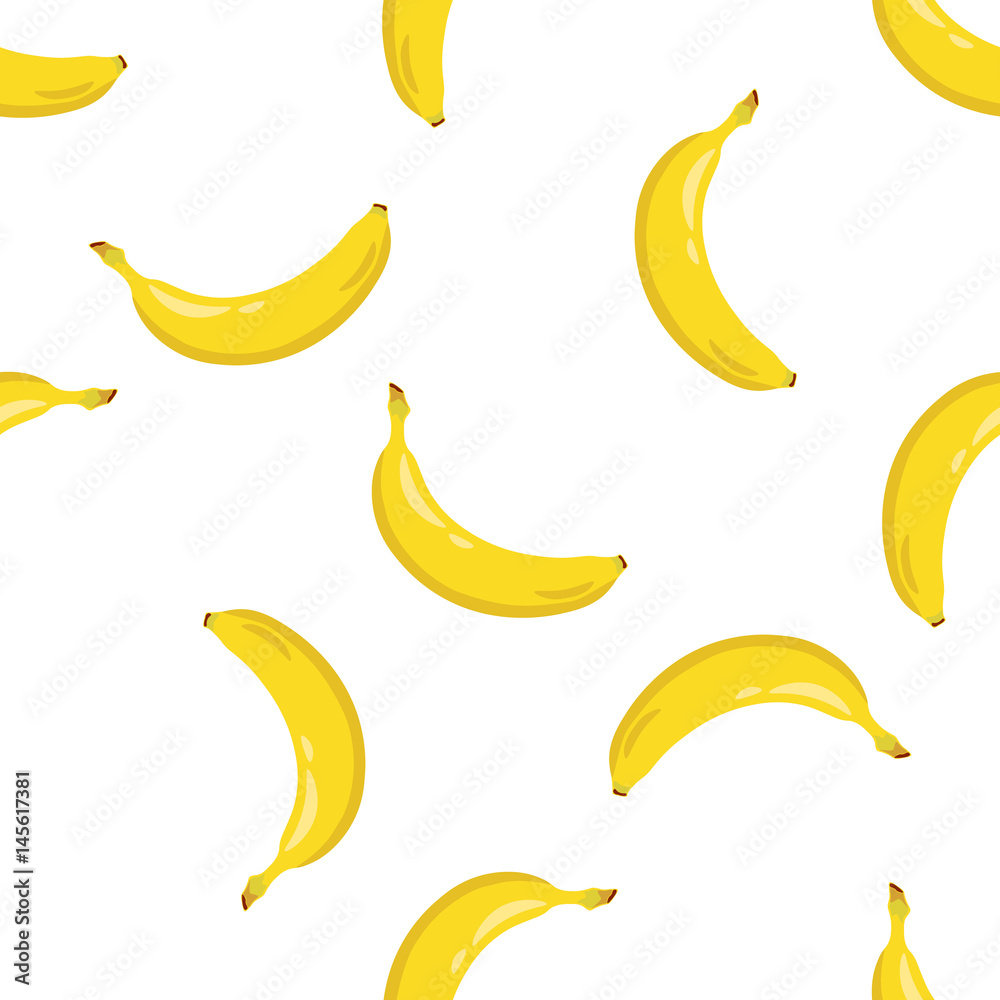 Yellow banana seamless pattern. Sweet tropical fruit. White background. Vector illustration.