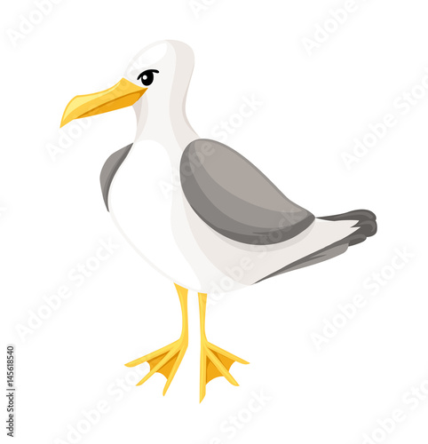 Seagull on a white background in cartoon style sea, ocean bird icon or button in flat style, isolated vector illustration
