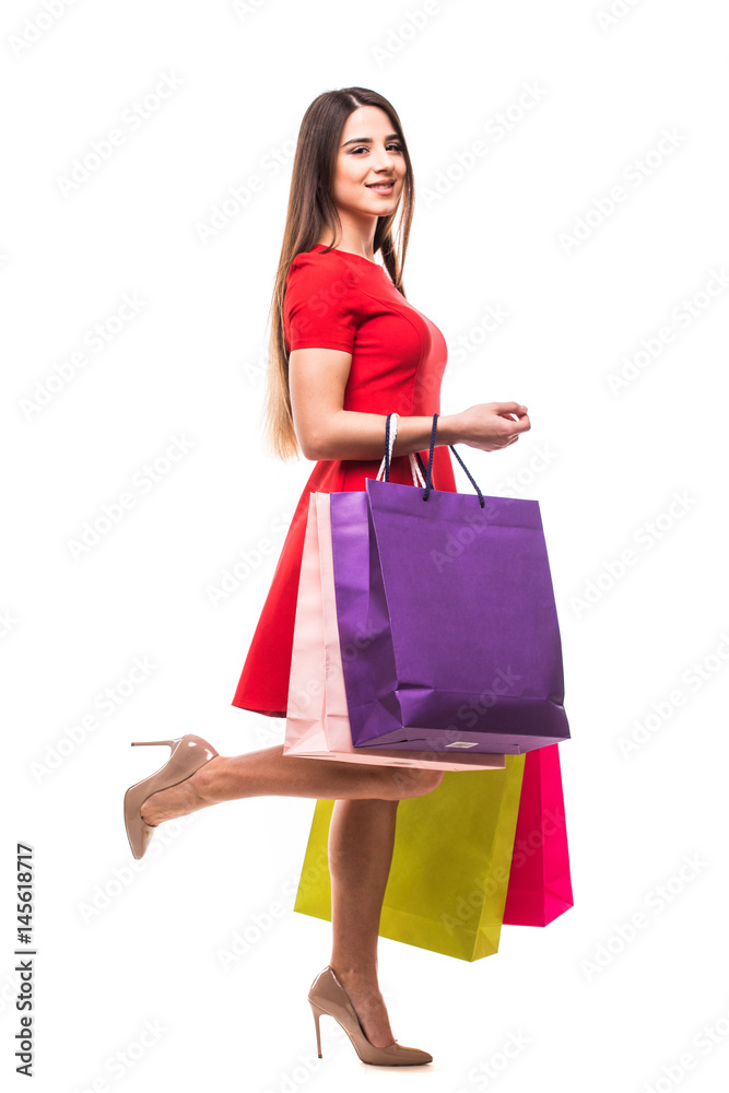 Woman with bags, shopping concept, isolated on white background