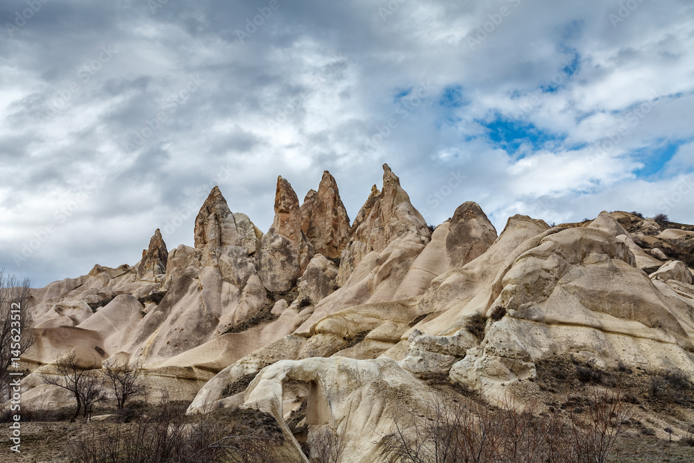 Sharp tops of the mountains in Cappadocia in winter. Turkey.
