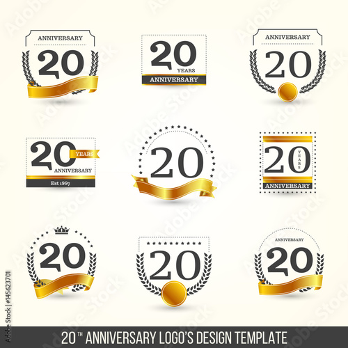 20th anniversary logo set with gold elements. Vector illustration.