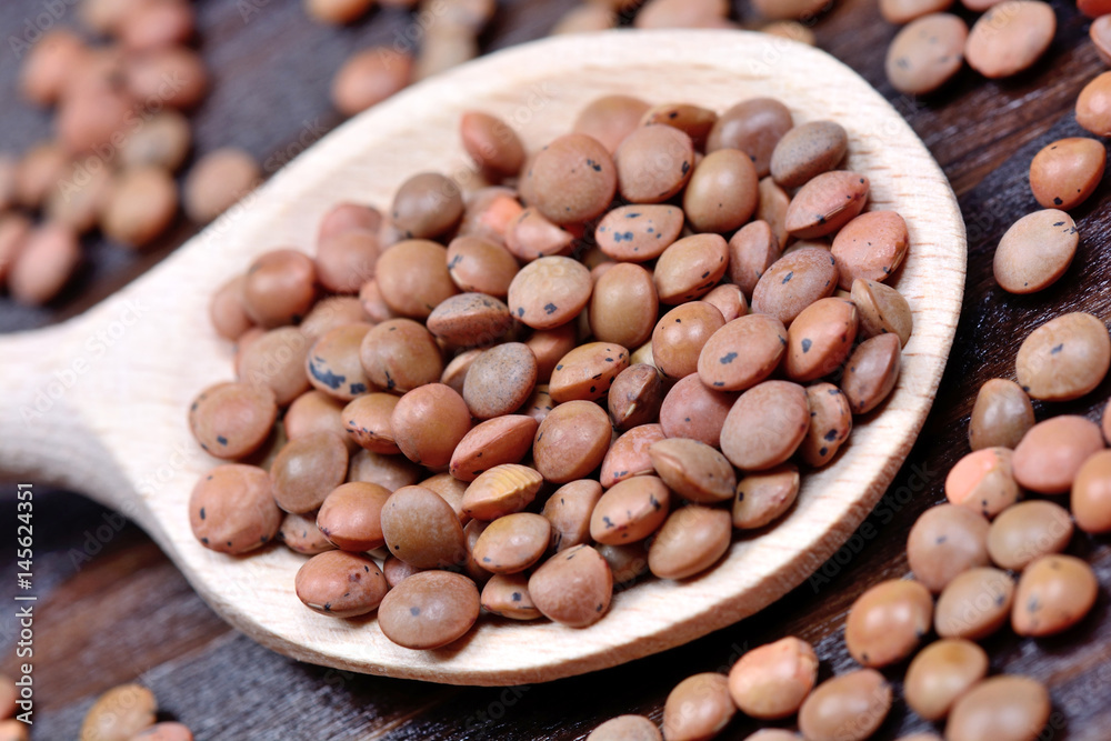Wooden spoon with brown lentils