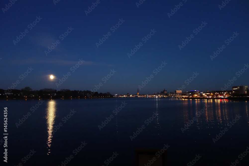 Night view of Rostock's harbour in Northern Germany
