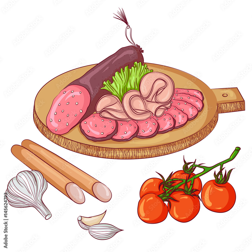 Vector cartoon illustration of sausage products on a cutting board and  vegetables isolated on white. Sliced pieces of meat and sausage. Food Icon.  Design for cookbook, restaurant business. Stock Vector | Adobe