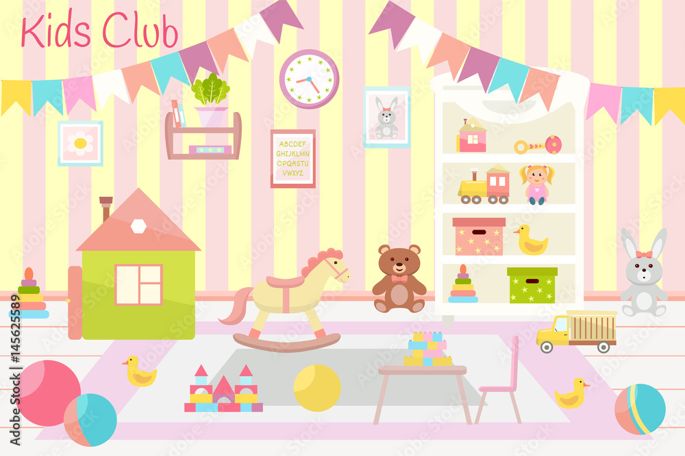 Kindergarten vector illustration. Kids club. Flat design. Children's activity in the play room. Playing, education. Kindergarten vector illustration. Kids club. Flat design. Children's activity in the play room. Playing, education.